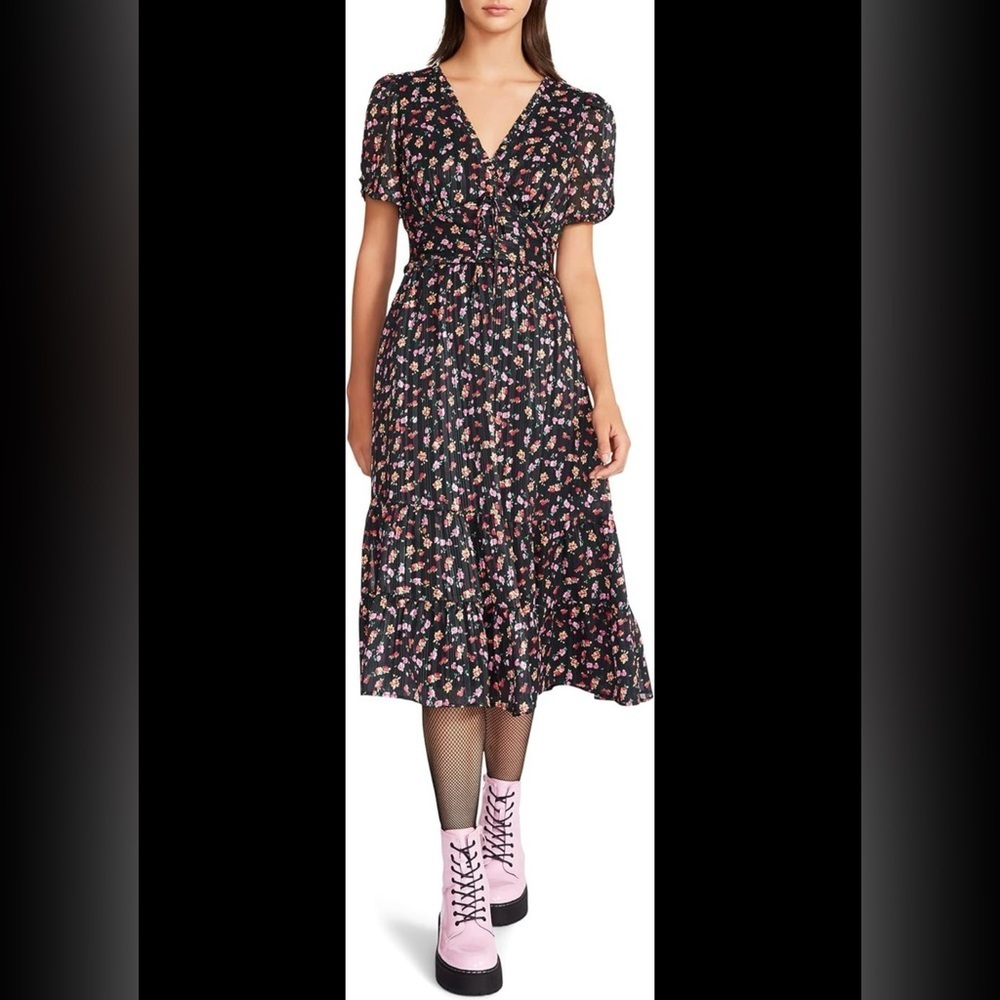 Betsey Johnson Black Midi Floral Dress with Pink & Green Accents